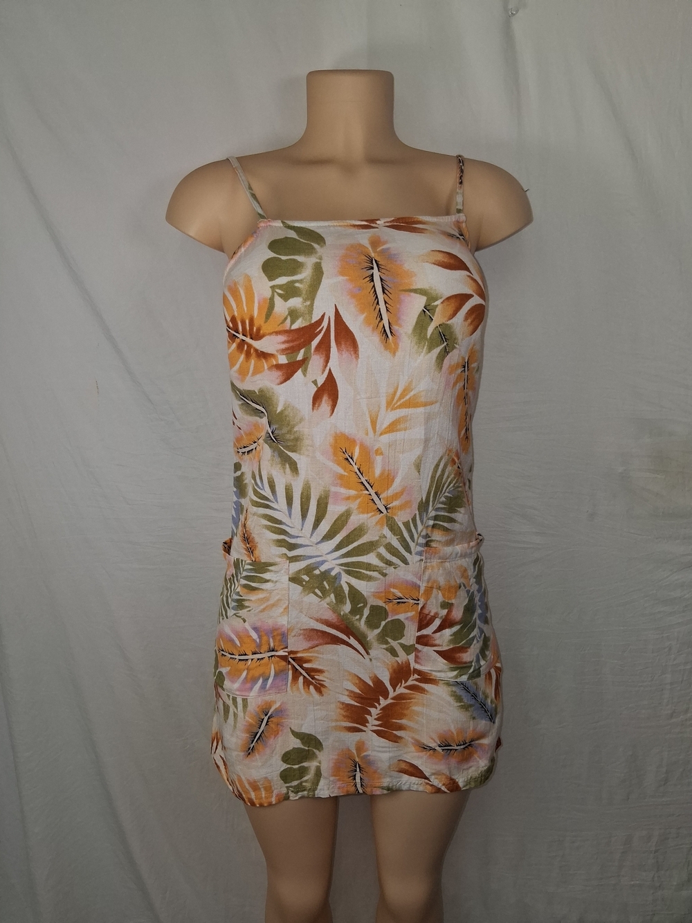 Billabong White Tropical Leaf Spaghetti Strap Mini Dress